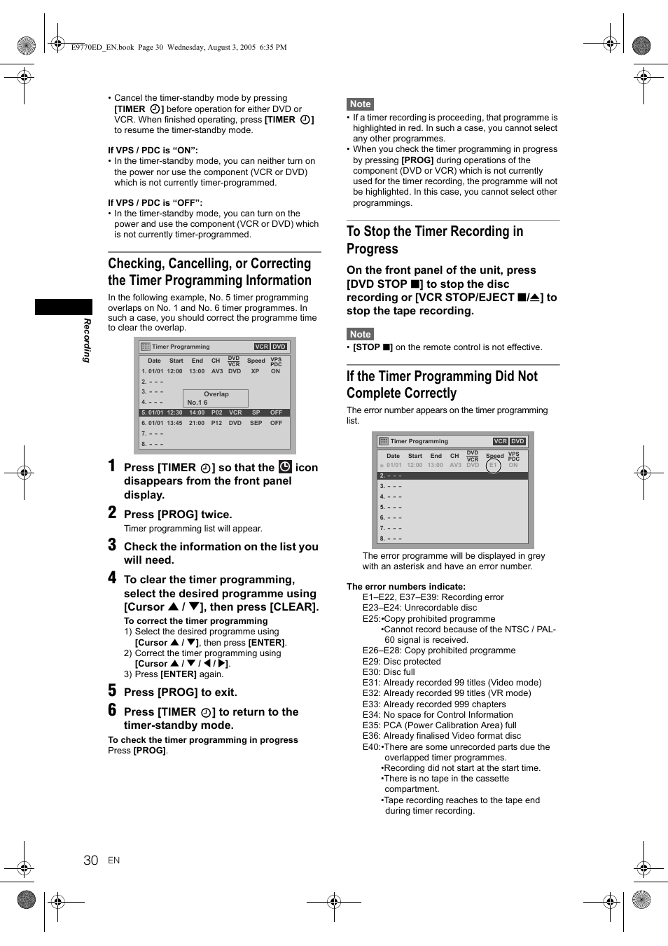 Press [timer, Press [prog] twice, Check the information on the list you will need | Press [prog] to exit | JVC DR-MV2SEU User Manual | Page 30 / 76