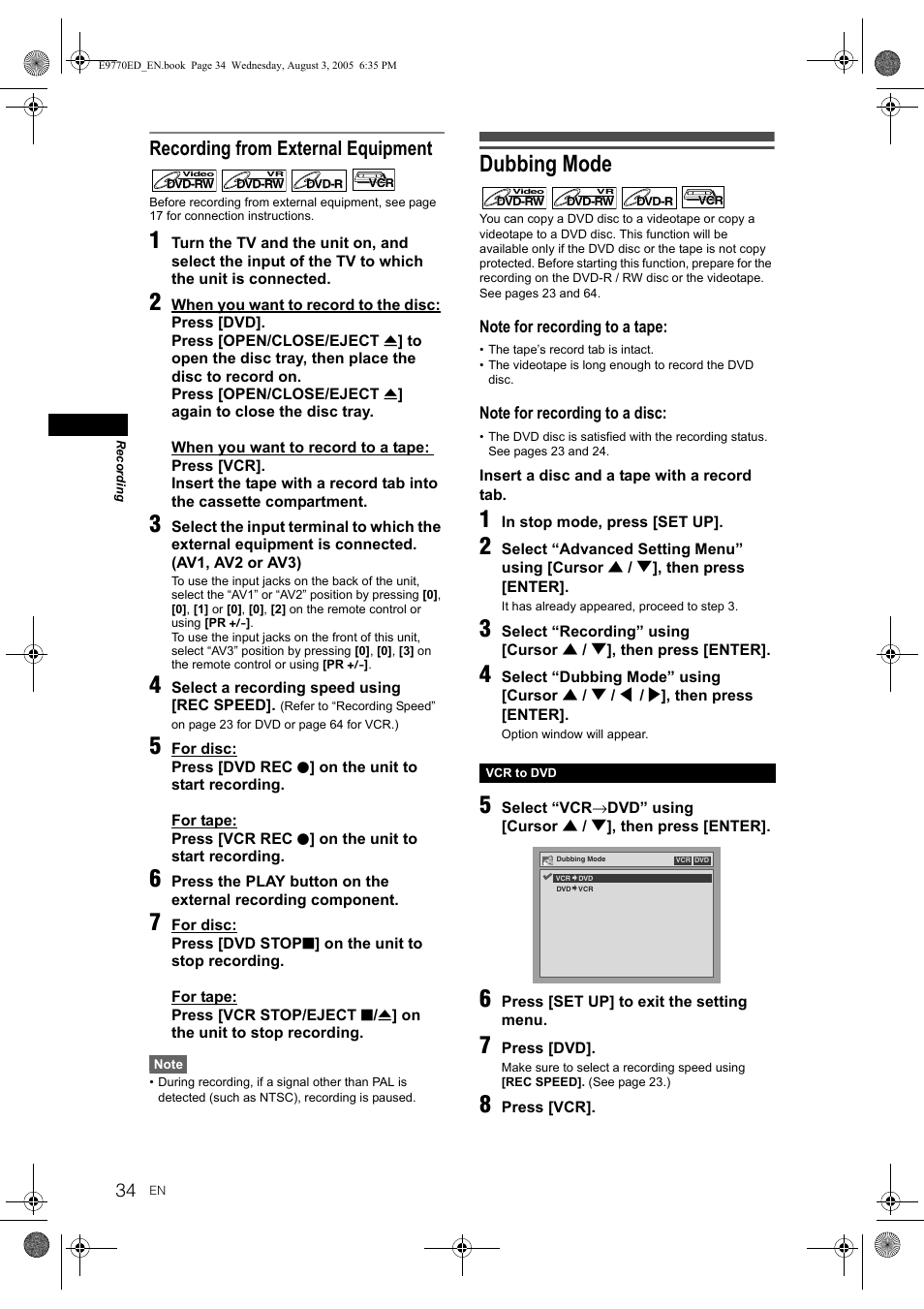 Dubbing mode, Recording from external equipment | JVC DR-MV2SEU User Manual | Page 34 / 76