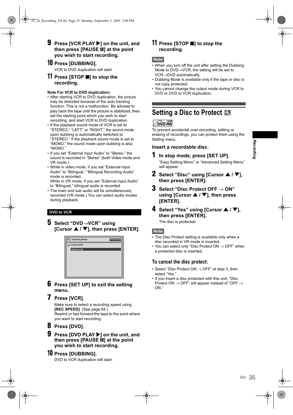 Setting a disc to protect | JVC DR-MV2SEU User Manual | Page 35 / 76