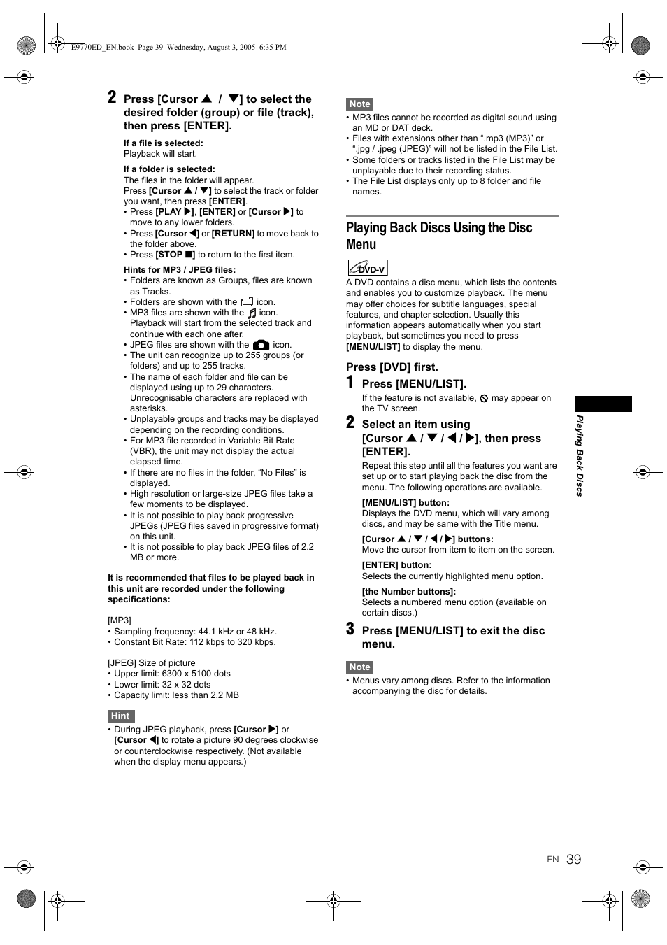 Playing back discs using the disc menu | JVC DR-MV2SEU User Manual | Page 39 / 76