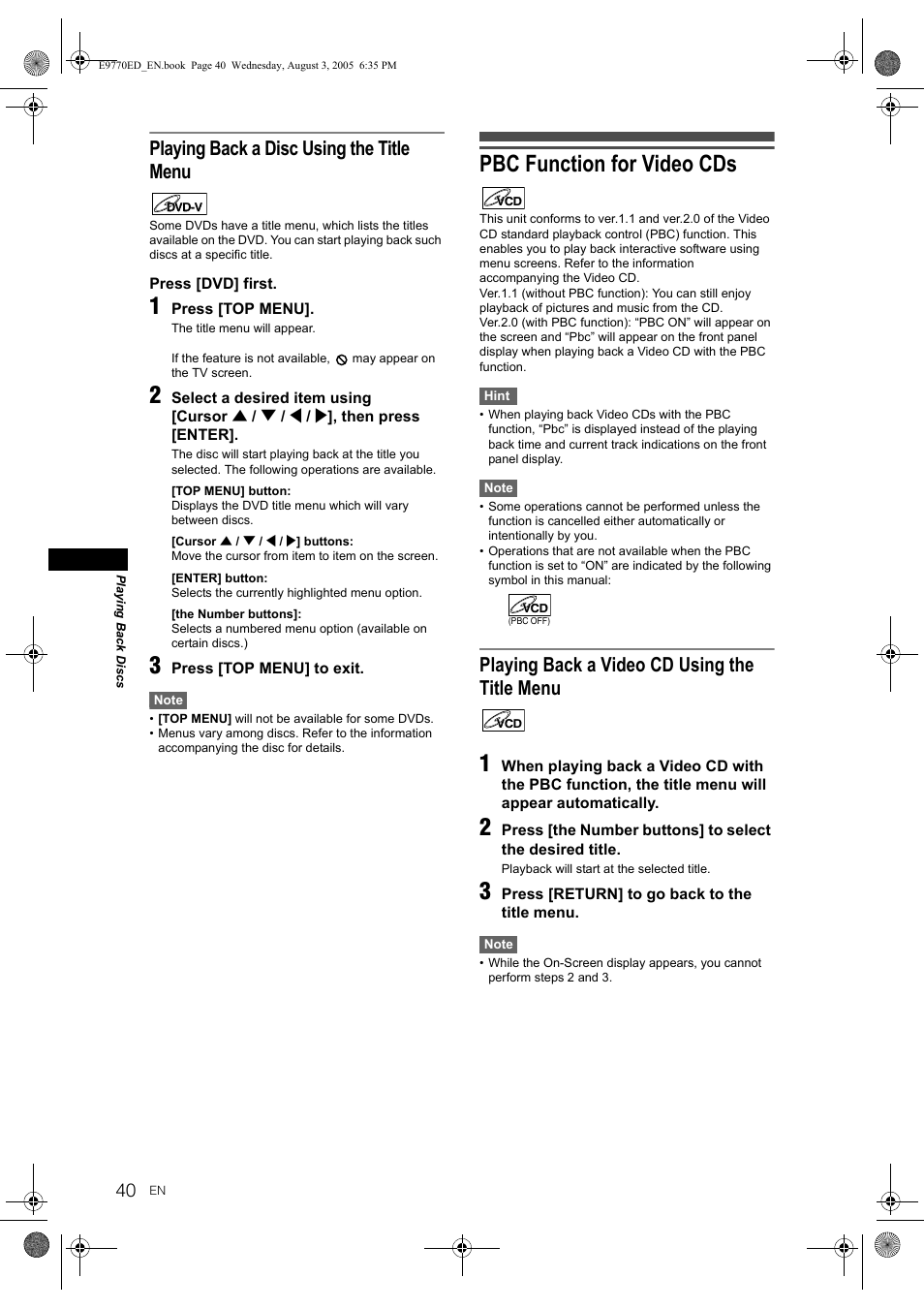 Pbc function for video cds, Playing back a disc using the title menu, Playing back a video cd using the title menu | JVC DR-MV2SEU User Manual | Page 40 / 76