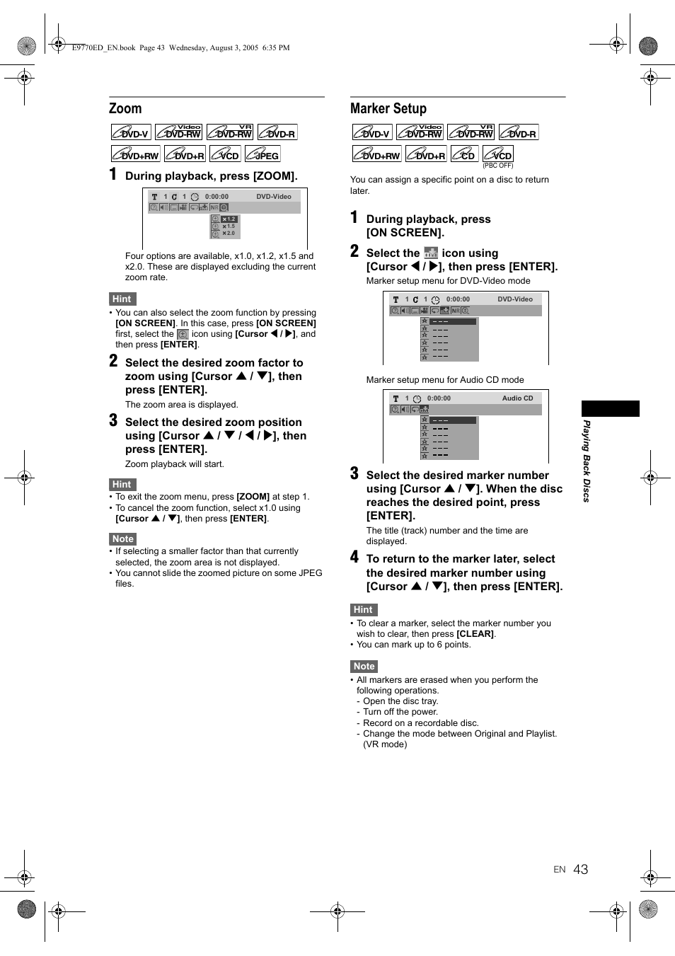 Zoom, Marker setup | JVC DR-MV2SEU User Manual | Page 43 / 76