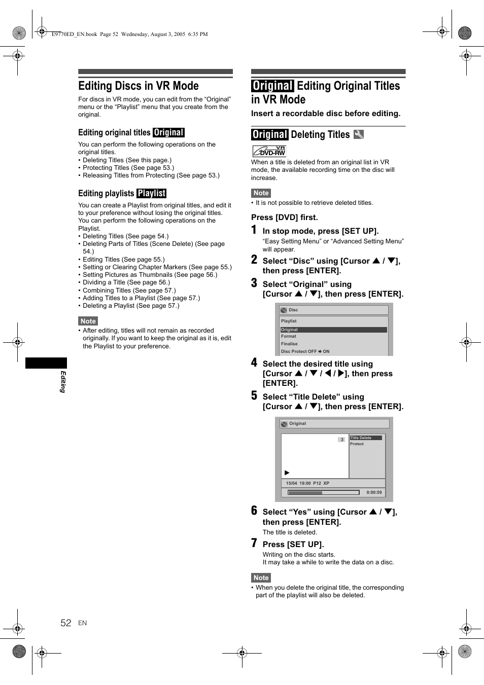 Editing discs in vr mode, Editing original titles in vr mode, Original | Deleting titles | JVC DR-MV2SEU User Manual | Page 52 / 76