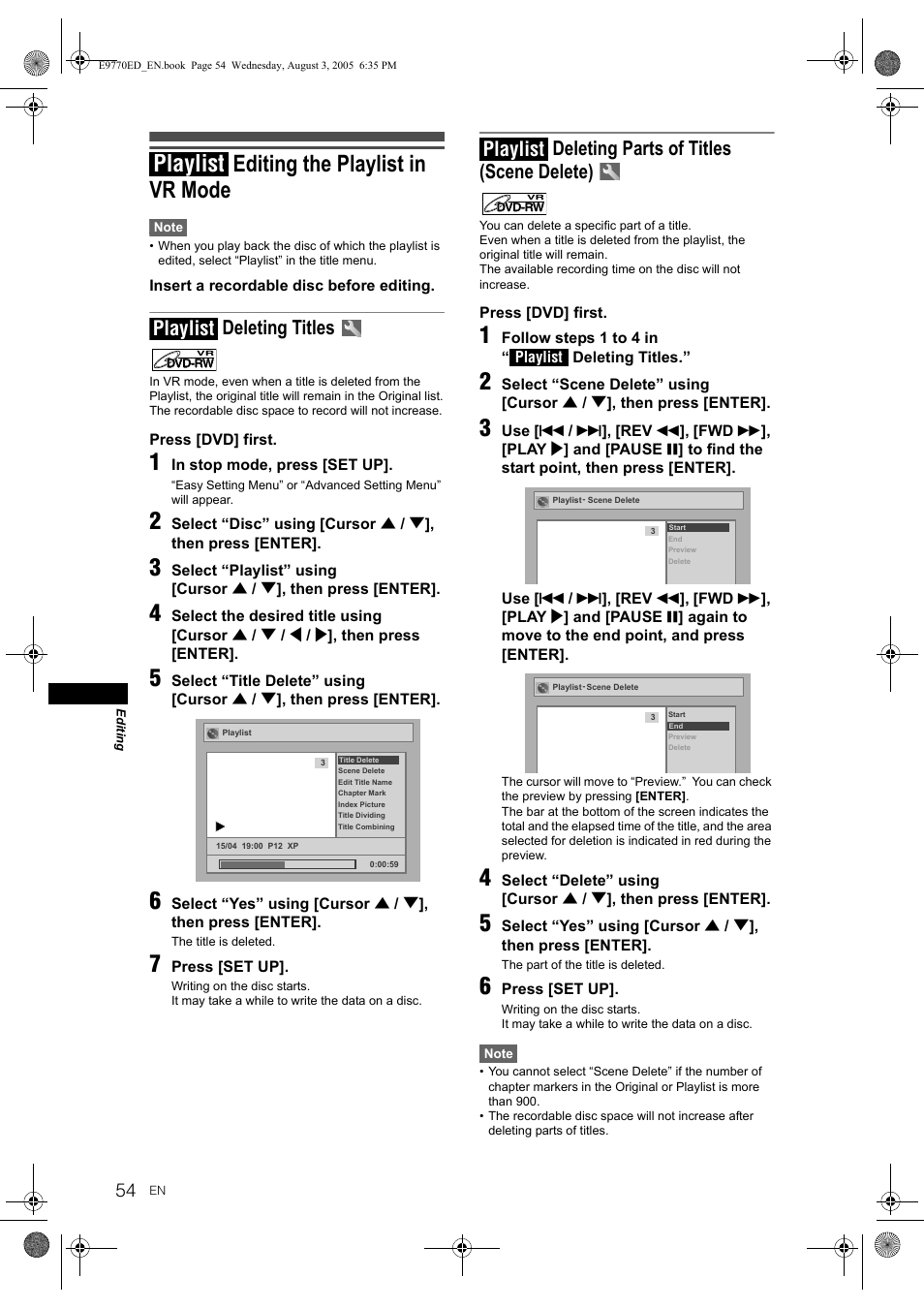 Editing the playlist in vr mode, Playlist, Deleting titles | Deleting parts of titles (scene delete) | JVC DR-MV2SEU User Manual | Page 54 / 76