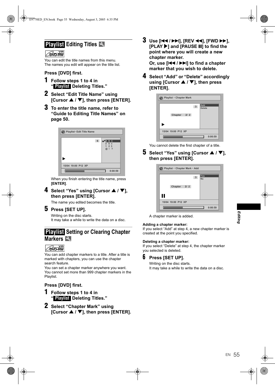 Editing titles, Setting or clearing chapter markers, Playlist | JVC DR-MV2SEU User Manual | Page 55 / 76