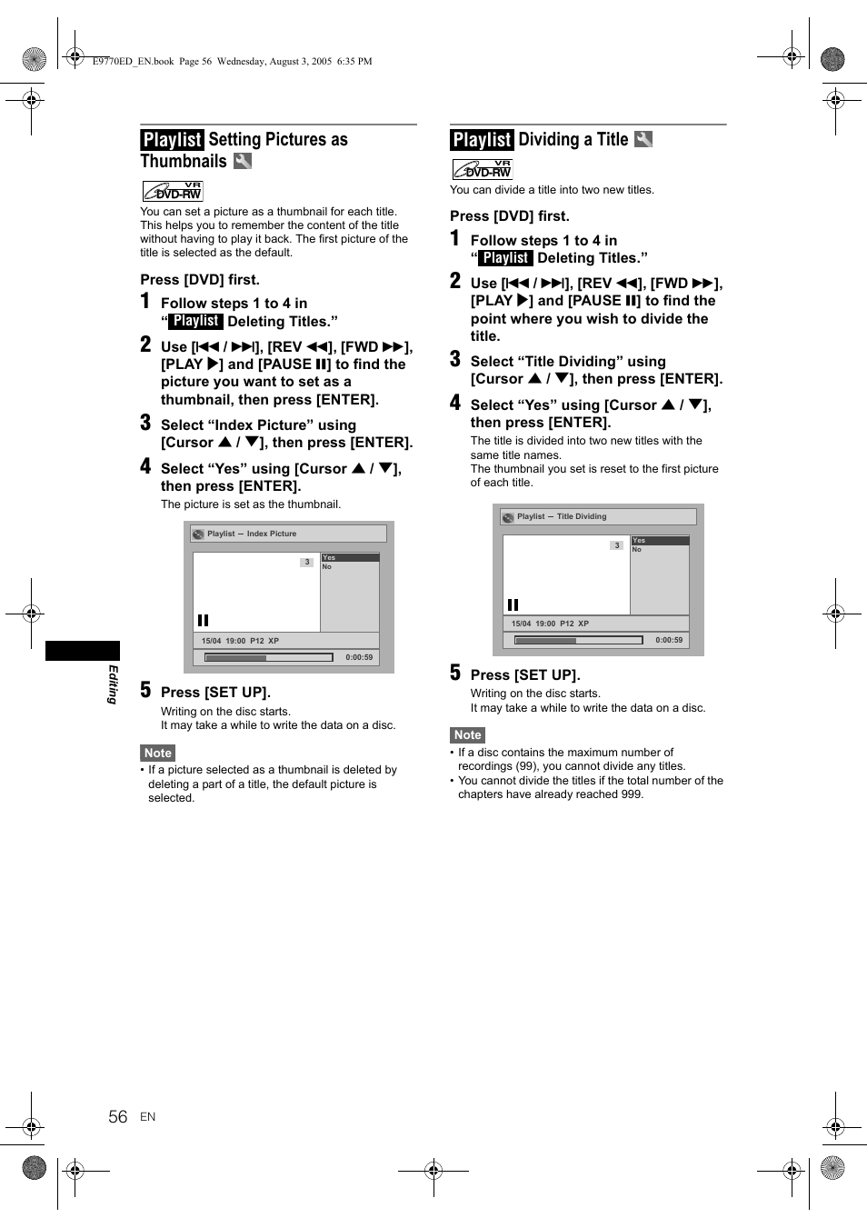 Setting pictures as thumbnails, Dividing a title, Playlist | JVC DR-MV2SEU User Manual | Page 56 / 76