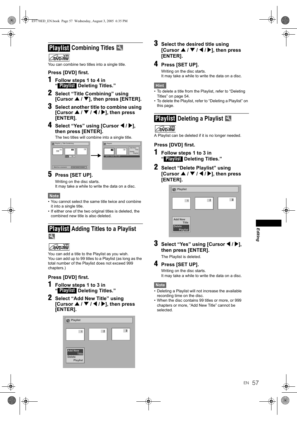 Combining titles, Adding titles to a playlist, Deleting a playlist | Playlist | JVC DR-MV2SEU User Manual | Page 57 / 76