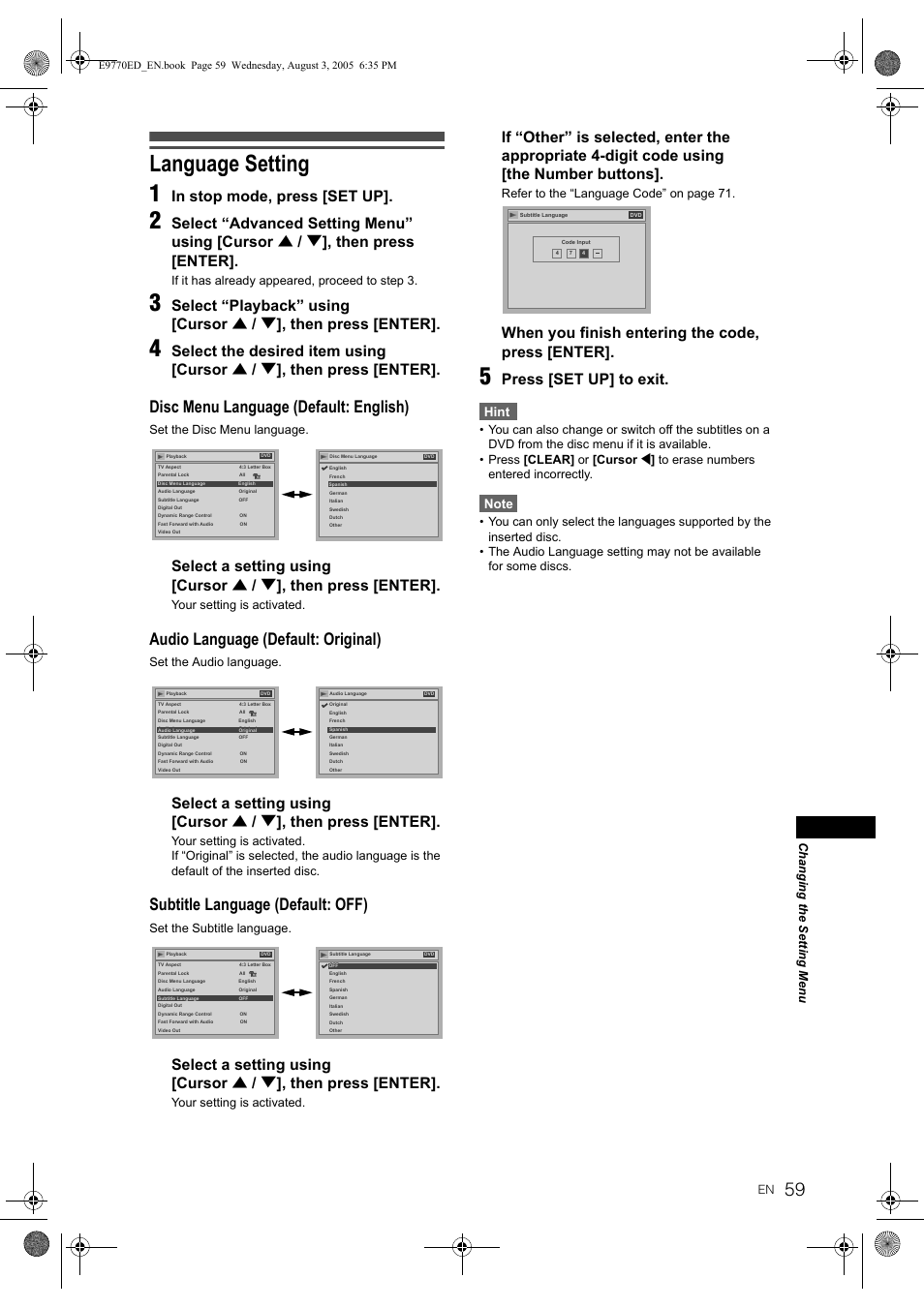 Language setting 1, Disc menu language (default: english), Audio language (default: original) | Subtitle language (default: off), When you finish entering the code, press [enter, Press [set up] to exit, Hint, If it has already appeared, proceed to step 3, Set the disc menu language, Your setting is activated | JVC DR-MV2SEU User Manual | Page 59 / 76
