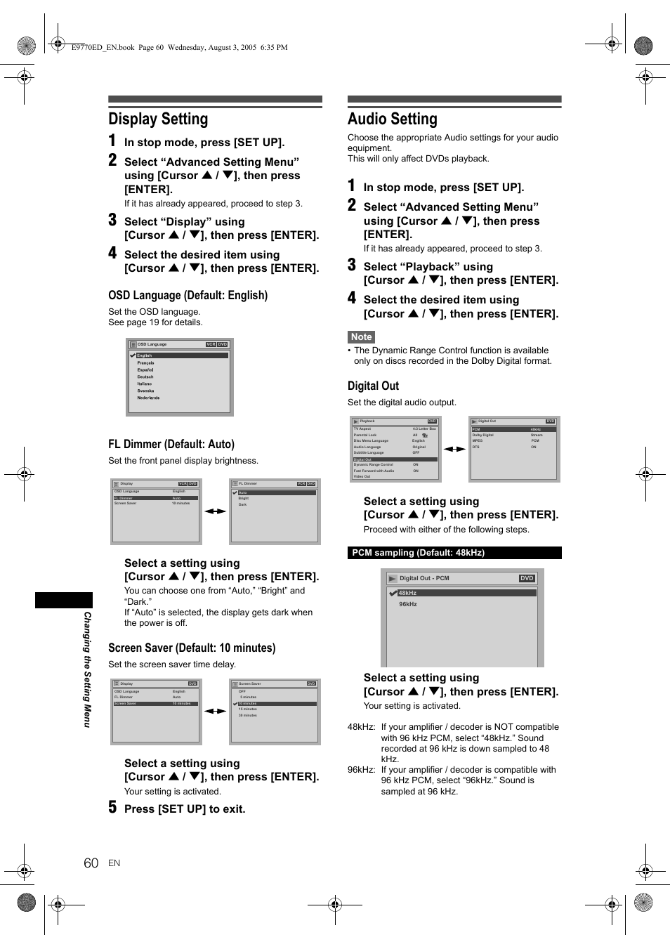 Display setting 1, Audio setting, Osd language (default: english) | Fl dimmer (default: auto), Screen saver (default: 10 minutes), Digital out, Press [set up] to exit | JVC DR-MV2SEU User Manual | Page 60 / 76