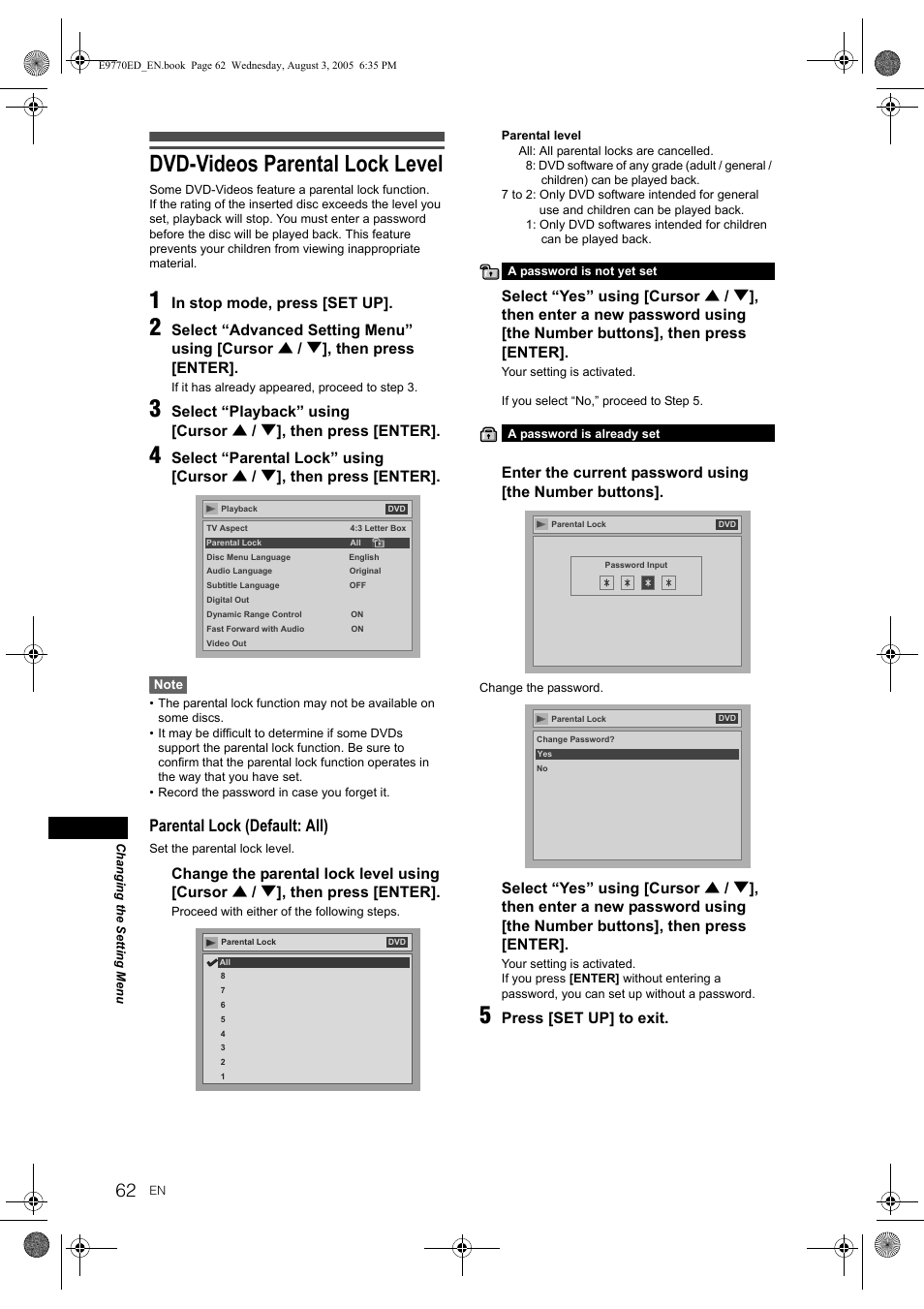 Dvd-videos parental lock level, Parental lock (default: all), Press [set up] to exit | JVC DR-MV2SEU User Manual | Page 62 / 76