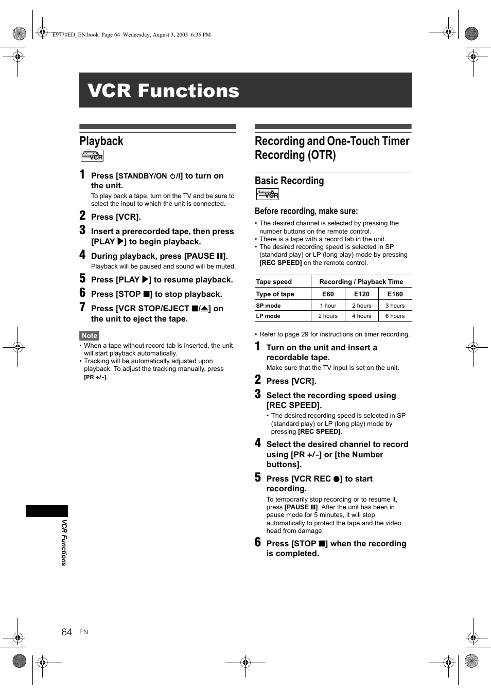 Vcr functions, Playback 1, Recording and one-touch timer recording (otr) | Basic recording | JVC DR-MV2SEU User Manual | Page 64 / 76