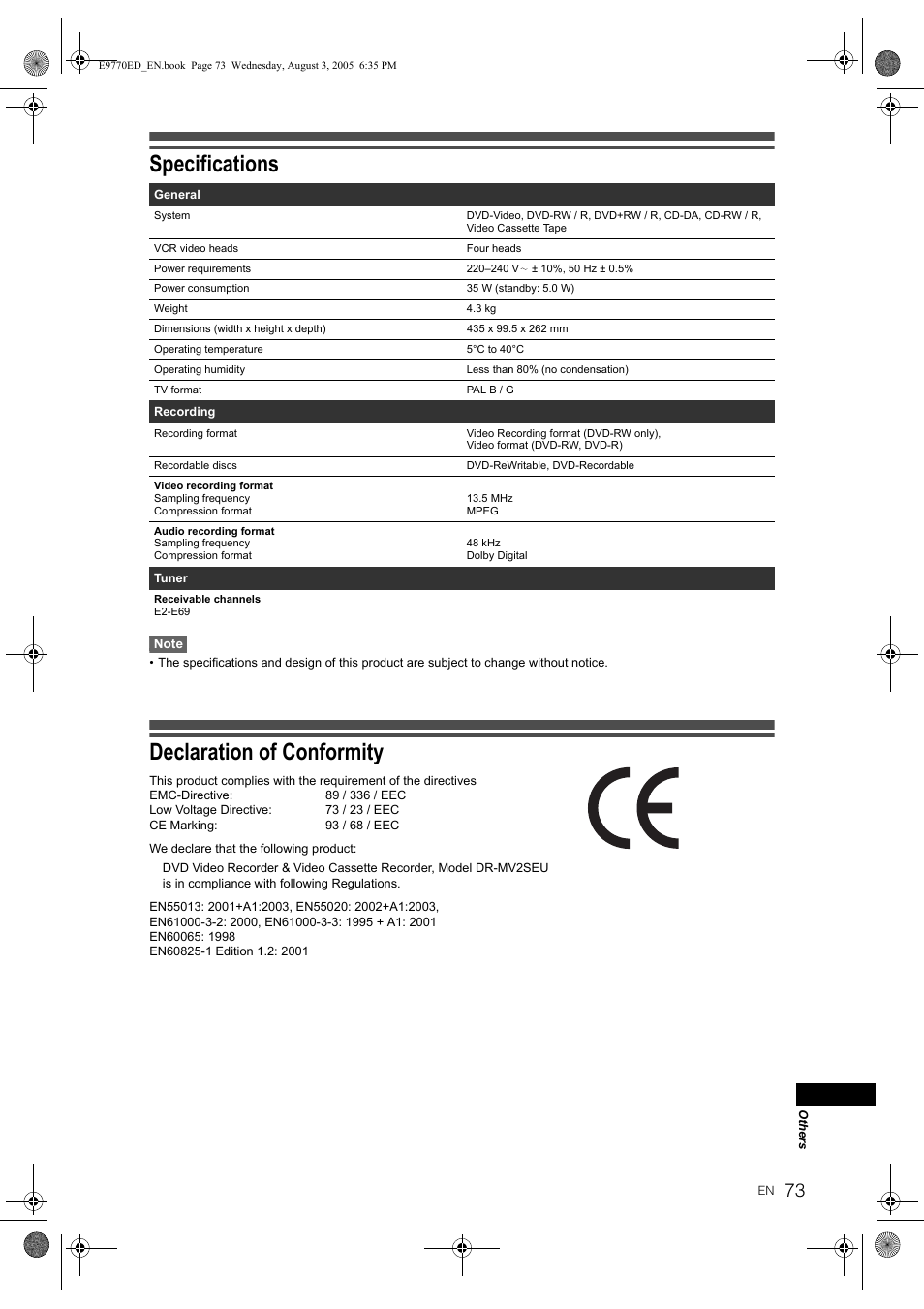 Specifications, Declaration of conformity | JVC DR-MV2SEU User Manual | Page 73 / 76