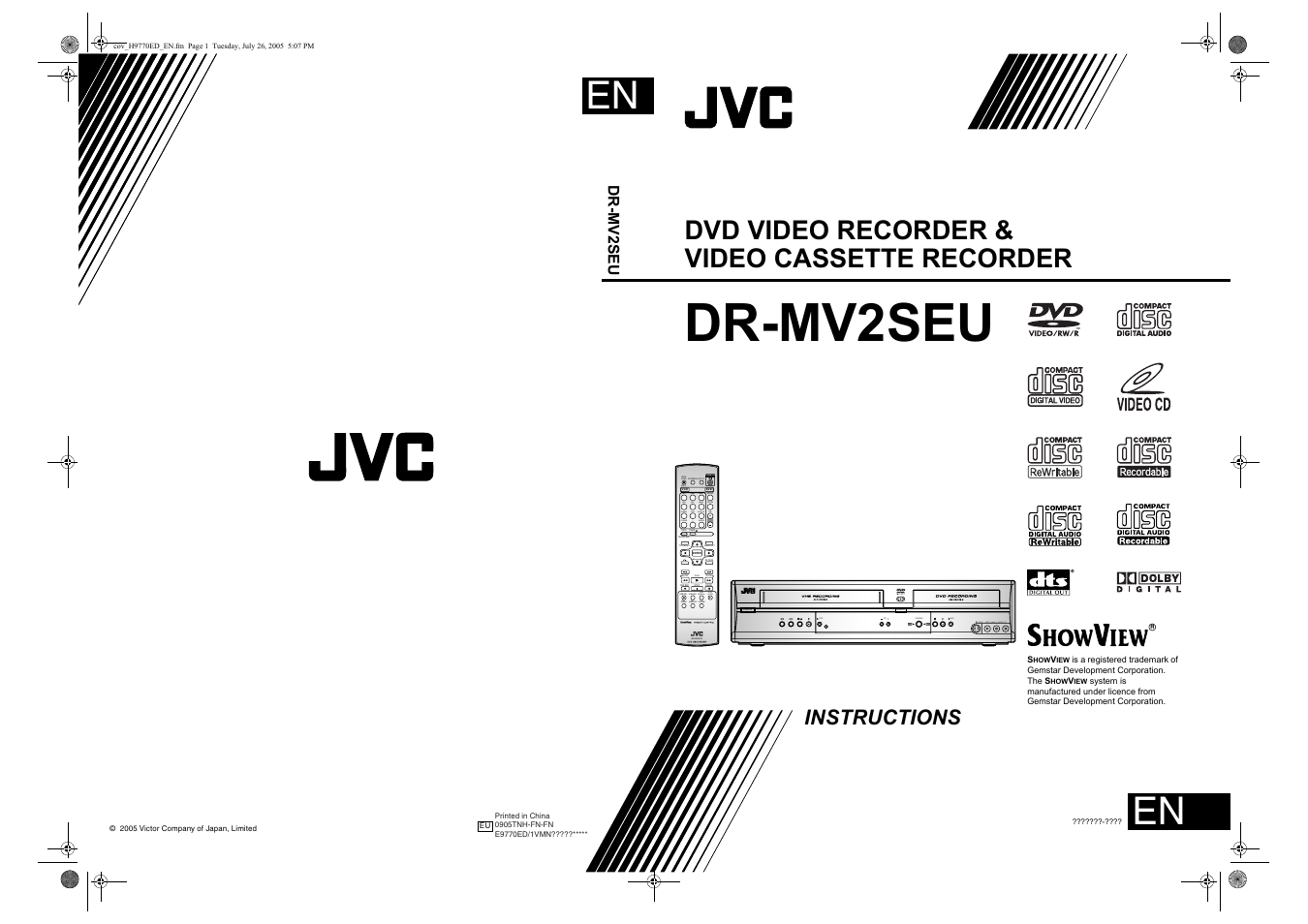 Dr-mv2seu, Dvd video recorder & video cassette recorder, Instructions | JVC DR-MV2SEU User Manual | Page 76 / 76