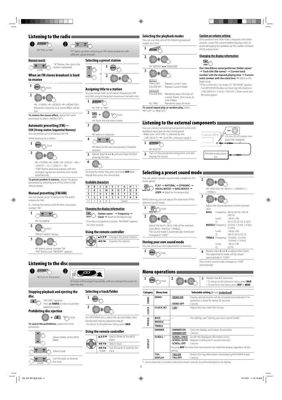 Listening to the radio, Listening to the disc, Listening to the external components | Selecting a preset sound mode, Menu operations | JVC KD-R316 User Manual | Page 2 / 62