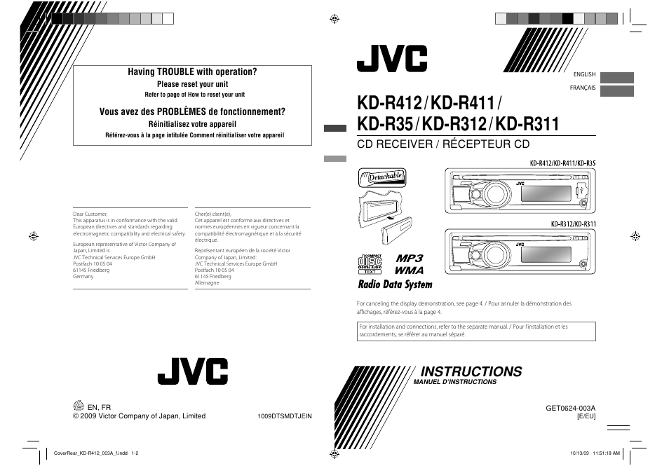 Instructions, Cd receiver / récepteur cd | JVC KD-R316 User Manual | Page 30 / 62