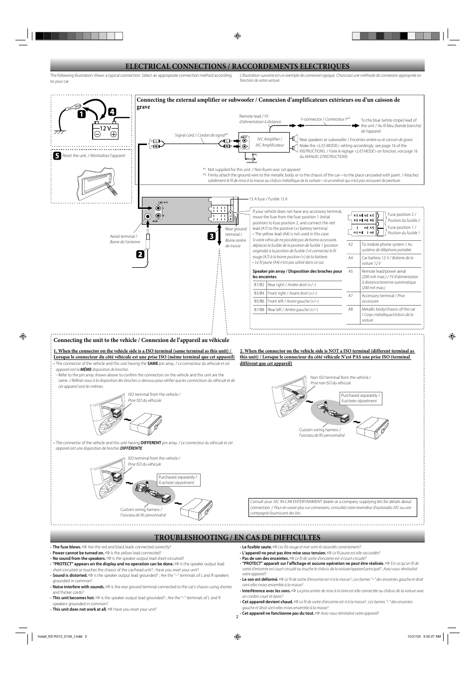 Electrical connections, Troubleshooting, Electrical connections / raccordements electriques | Troubleshooting / en cas de difficultes | JVC KD-R316 User Manual | Page 32 / 62