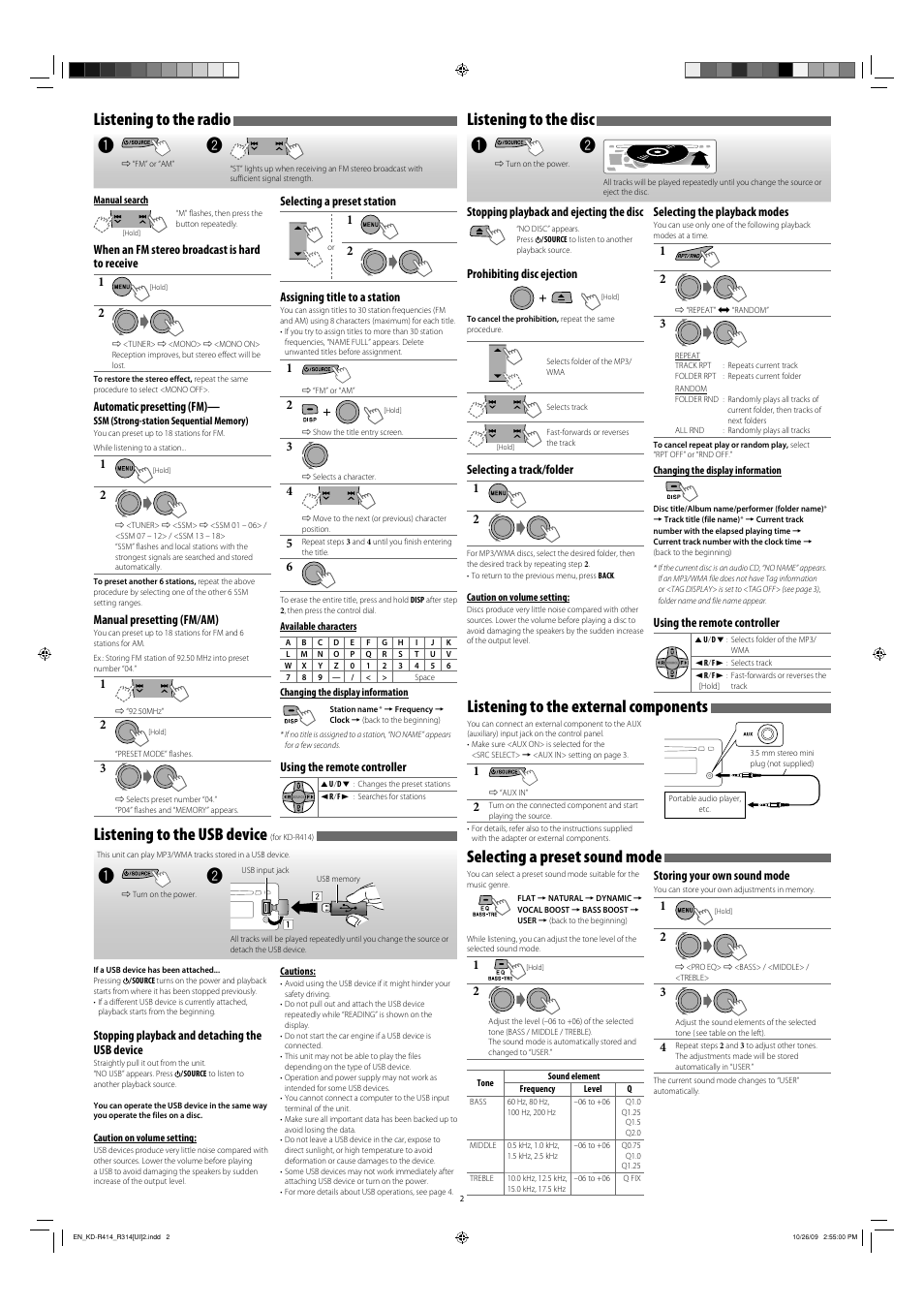 Listening to the radio, Listening to the usb device (for kd-r414), Listening to the disc | Listening to the external components, Selecting a preset sound mode, Listening to the usb device | JVC KD-R316 User Manual | Page 34 / 62