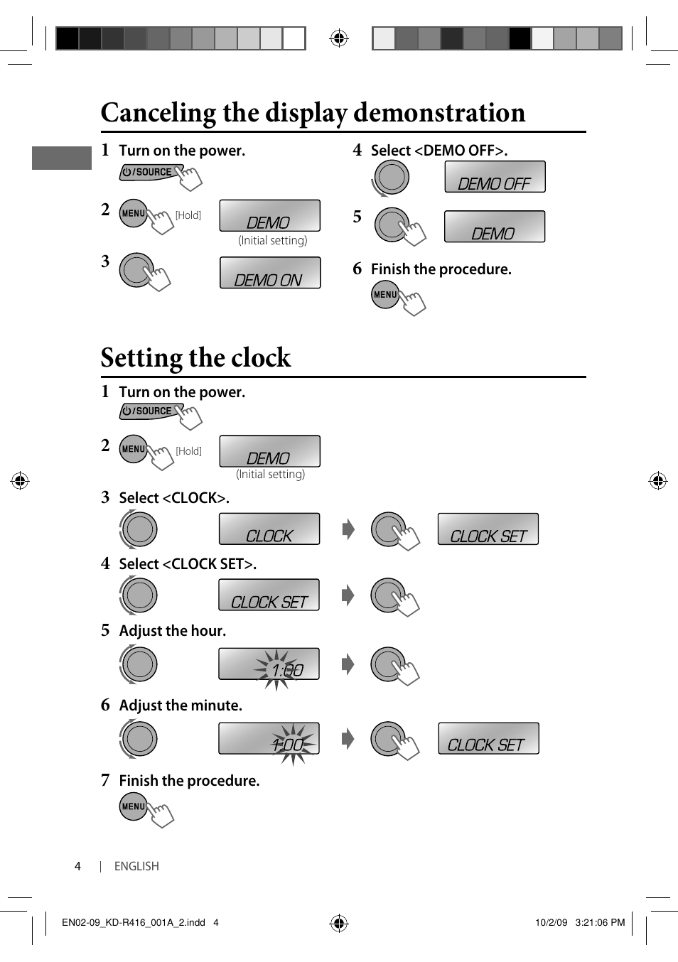 Canceling the display demonstration, Setting the clock | JVC KD-R316 User Manual | Page 40 / 62