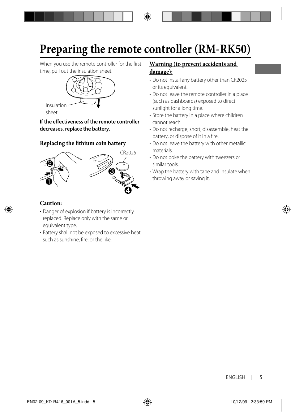 Preparing the remote controller (rm-rk50) | JVC KD-R316 User Manual | Page 41 / 62