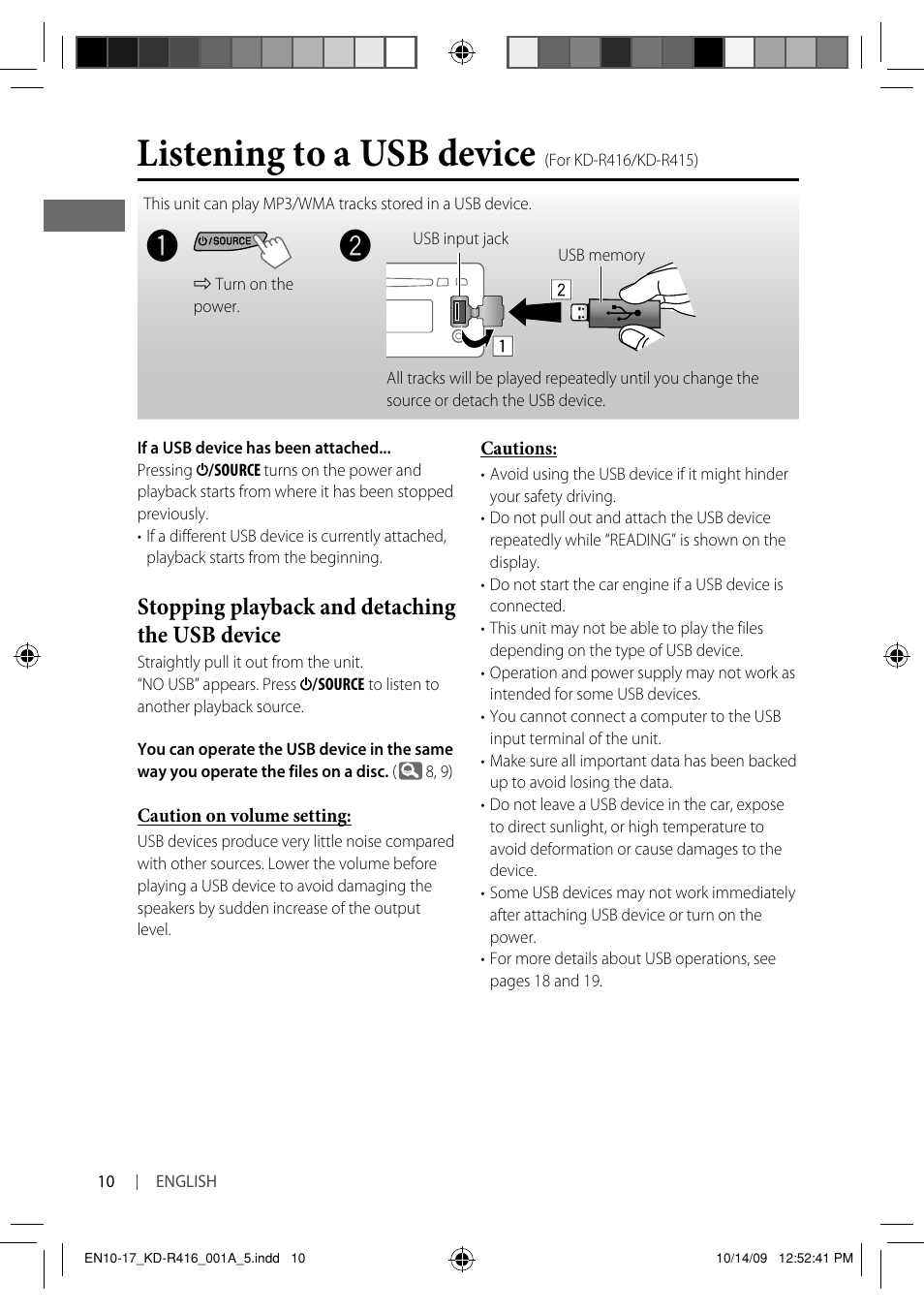 Listening to a usb device (for kd-r416/kd-r415), Listening to a usb device | JVC KD-R316 User Manual | Page 46 / 62