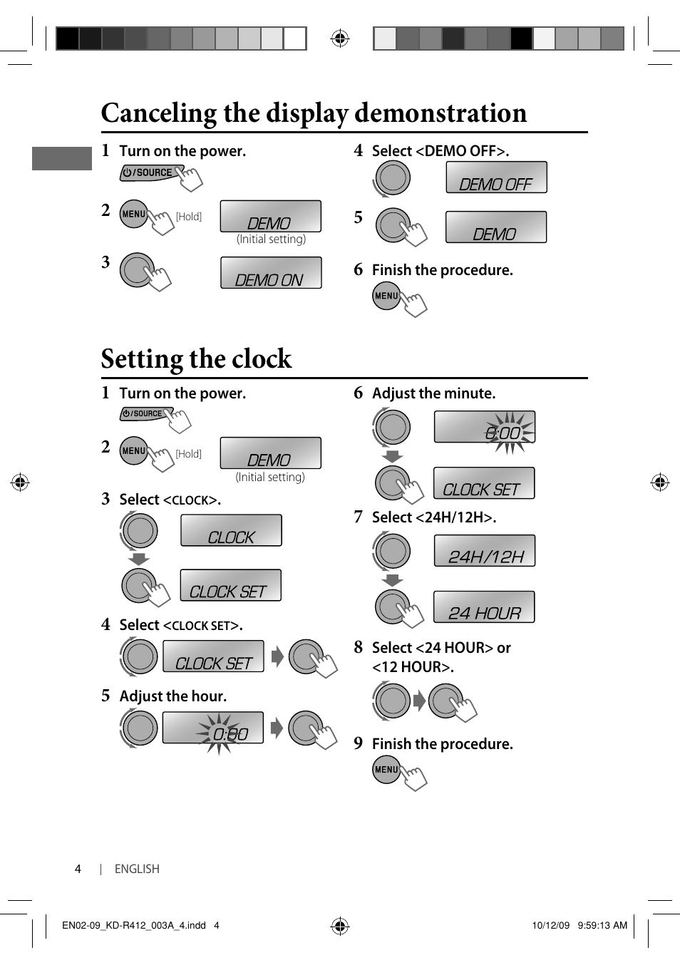 Canceling the display demonstration, Setting the clock | JVC KD-R316 User Manual | Page 8 / 62