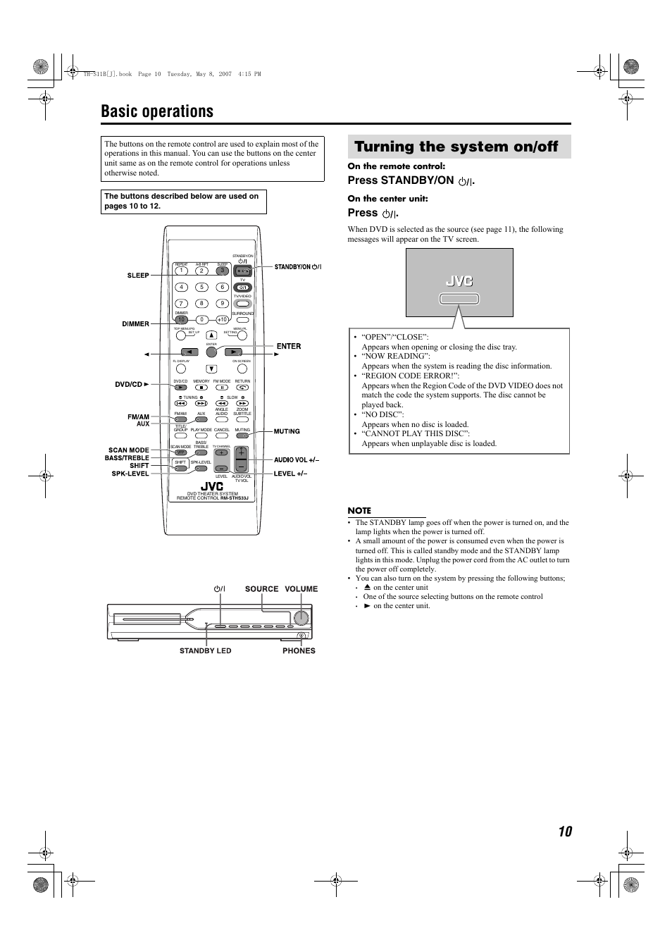 Basic operations, Turning the system on/off, Press standby/on | Press | JVC TH-S11B User Manual | Page 13 / 40