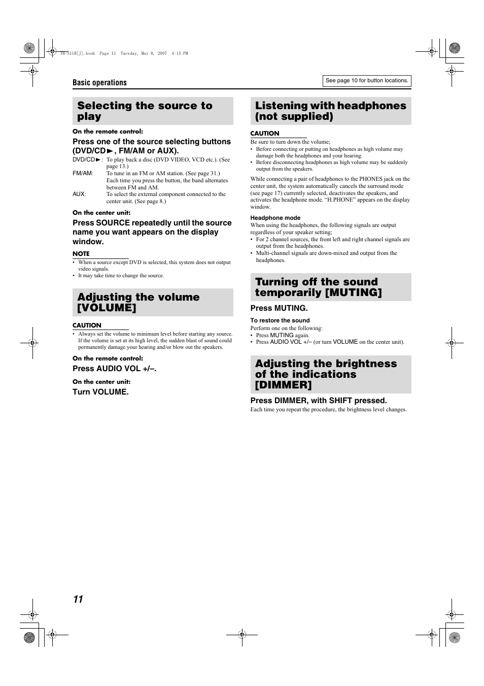 Selecting the source to play, Adjusting the volume [volume, Listening with headphones (not supplied) | Turning off the sound temporarily [muting | JVC TH-S11B User Manual | Page 14 / 40
