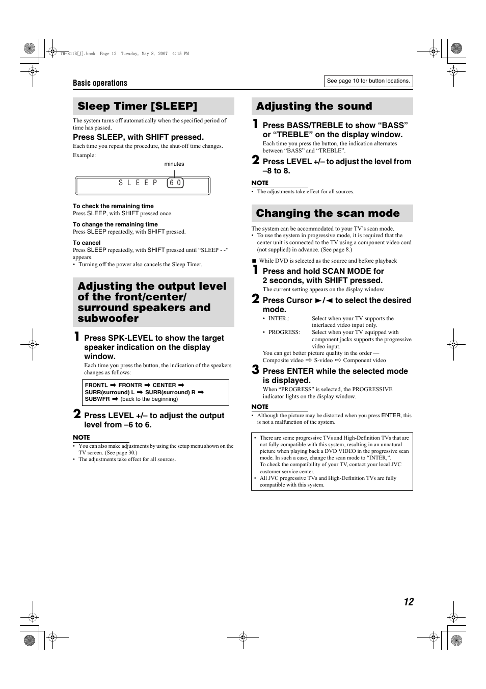 Sleep timer [sleep, Adjusting the sound, Changing the scan mode | Adjusting the sound changing the scan mode | JVC TH-S11B User Manual | Page 15 / 40