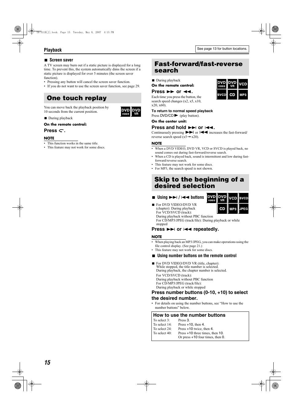 One touch replay, Fast-forward/fast-reverse search, Skip to the beginning of a desired selection | JVC TH-S11B User Manual | Page 18 / 40