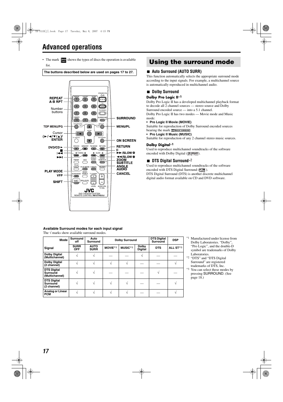 Advanced operations, Using the surround mode, 7auto surround (auto surr) | 7dolby surround, 7dts digital surround | JVC TH-S11B User Manual | Page 20 / 40