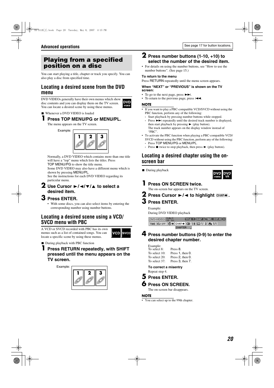 Playing from a specified position on a disc, Locating a desired scene from the dvd menu | JVC TH-S11B User Manual | Page 23 / 40