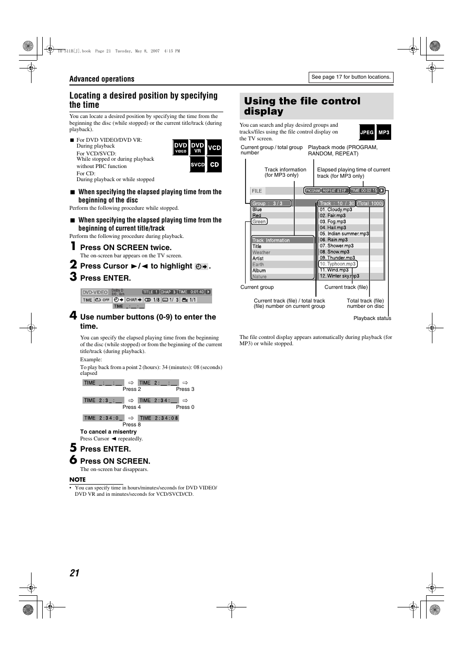 Using the file control display, Locating a desired position by specifying the time | JVC TH-S11B User Manual | Page 24 / 40