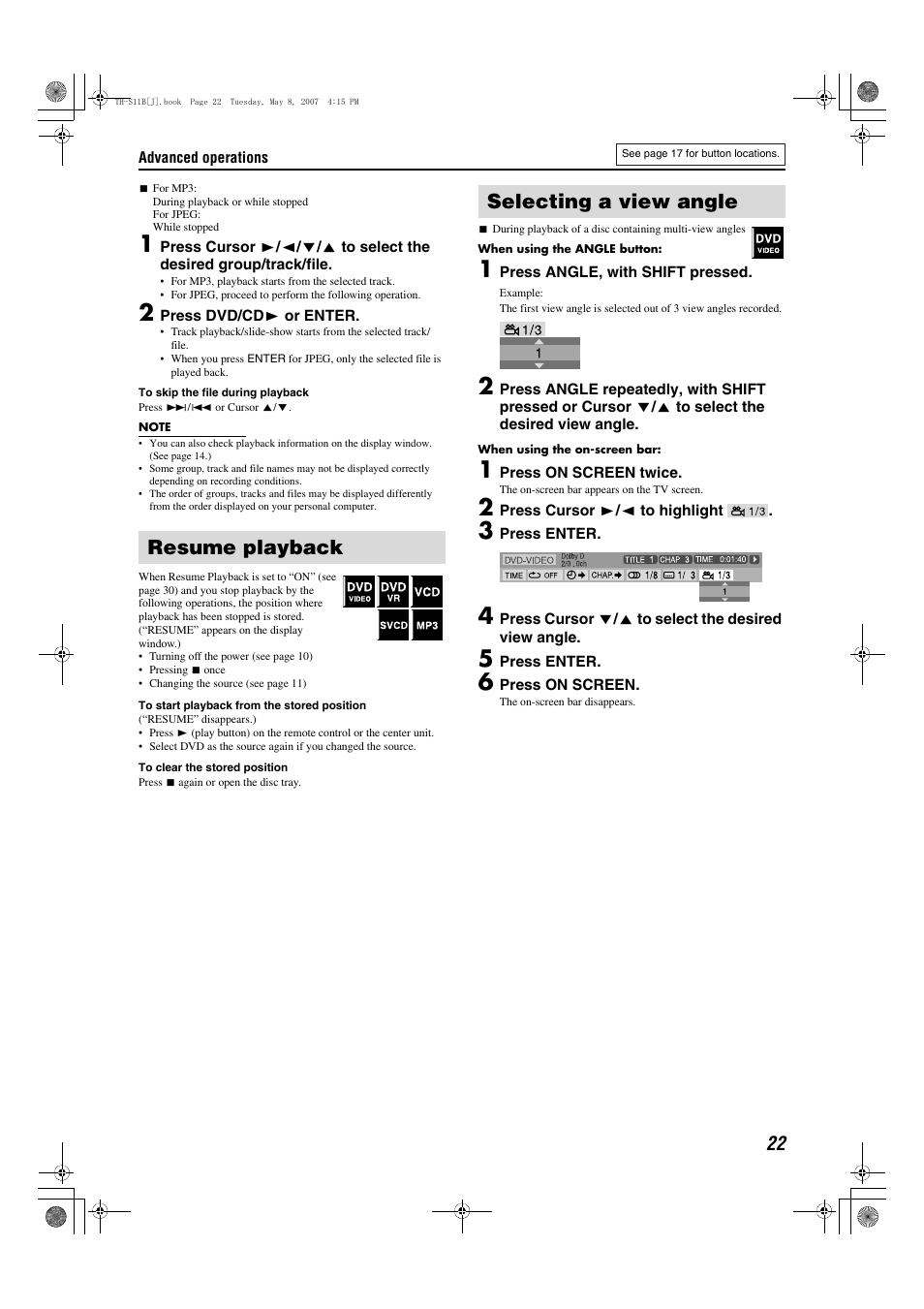 Resume playback, Selecting a view angle, Resume playback selecting a view angle | JVC TH-S11B User Manual | Page 25 / 40