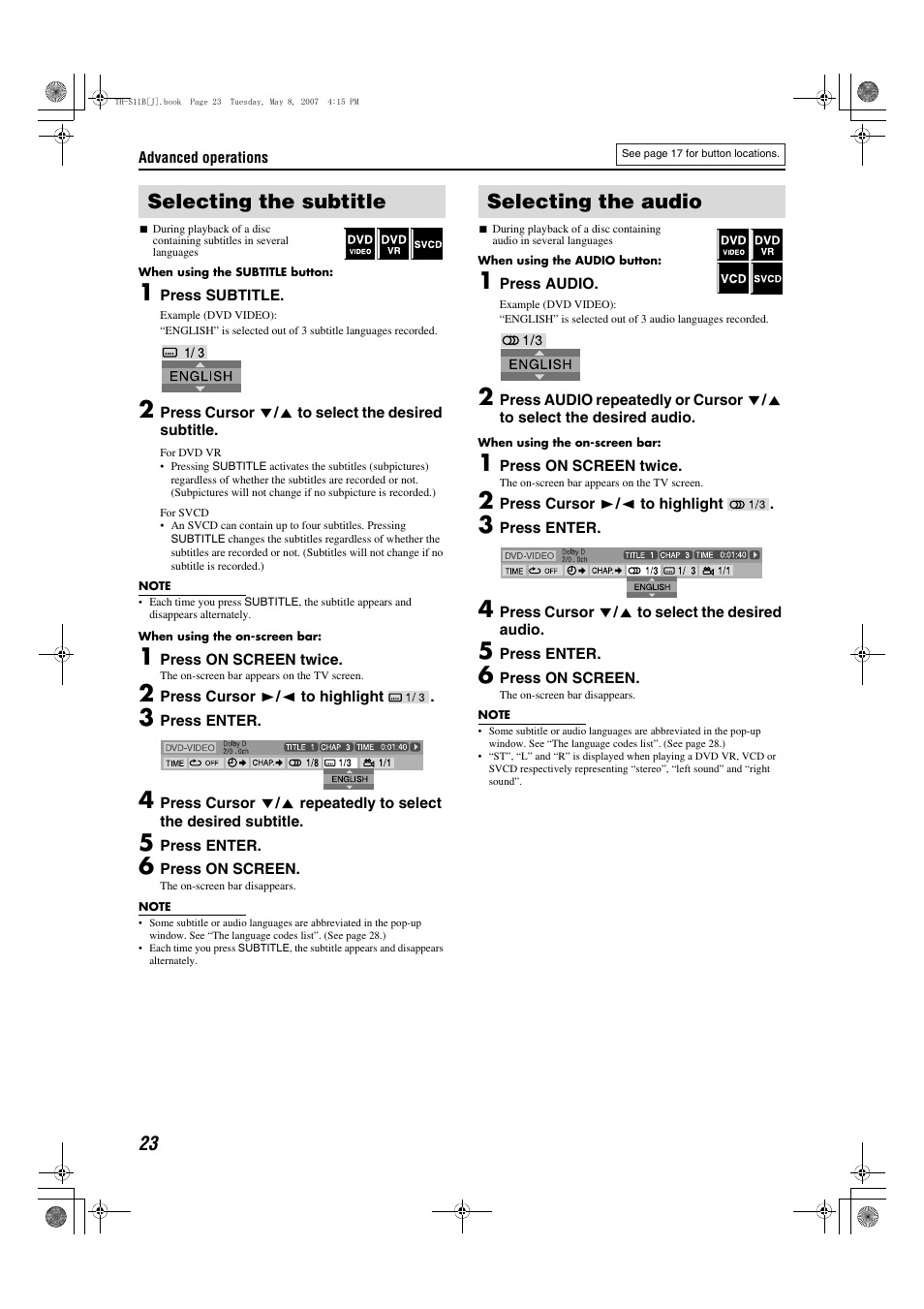 Selecting the subtitle, Selecting the audio, Selecting the subtitle selecting the audio | JVC TH-S11B User Manual | Page 26 / 40