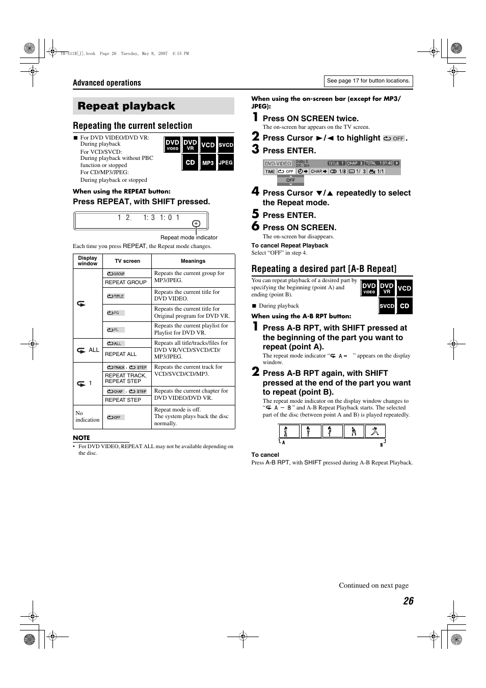 Repeat playback, Repeating the current selection, Repeating a desired part [a-b repeat | JVC TH-S11B User Manual | Page 29 / 40