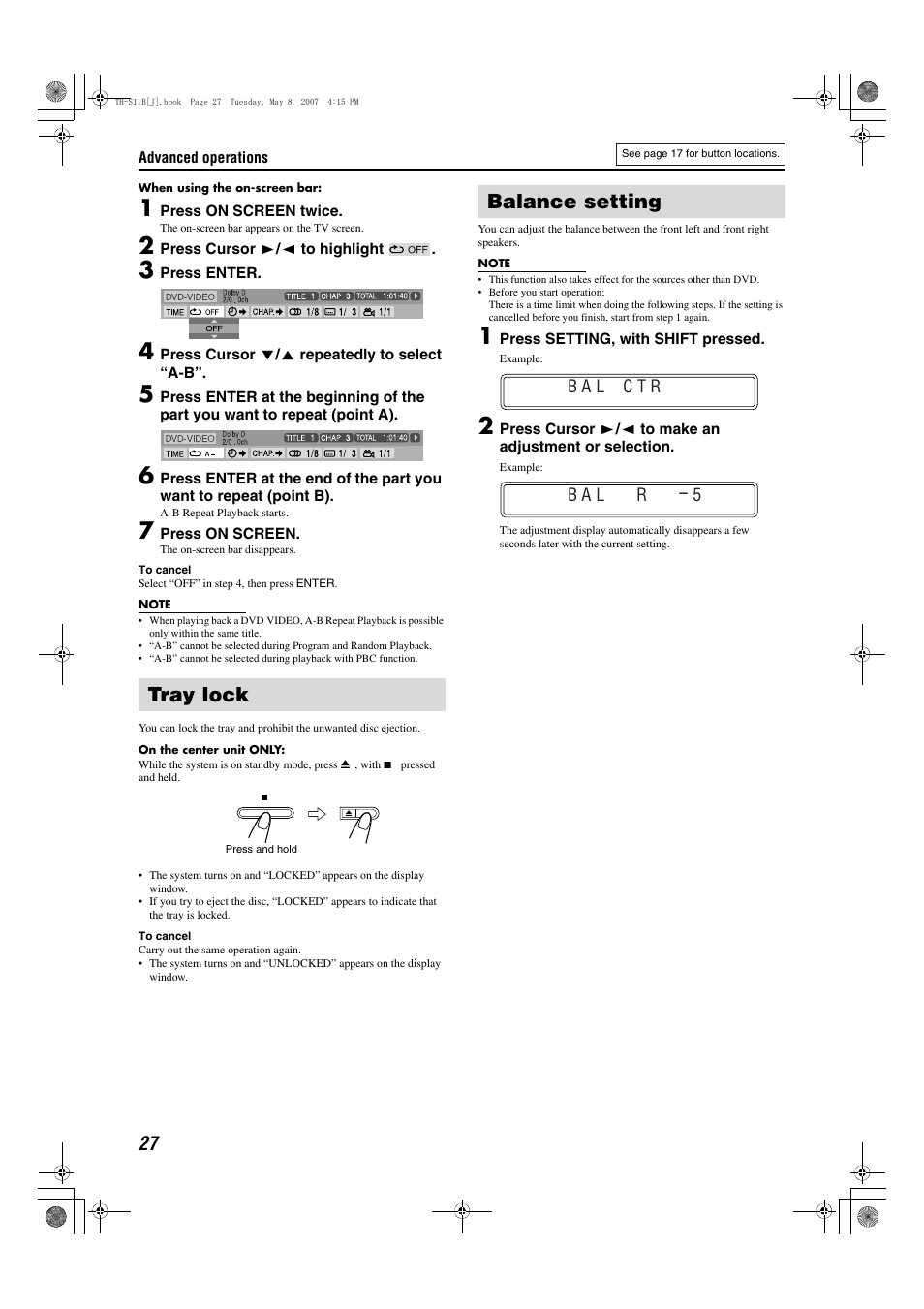Tray lock, Balance setting | JVC TH-S11B User Manual | Page 30 / 40