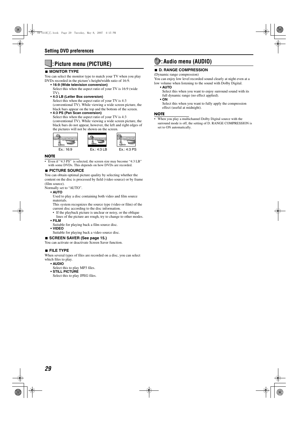 Picture menu (picture), Audio menu (audio) | JVC TH-S11B User Manual | Page 32 / 40