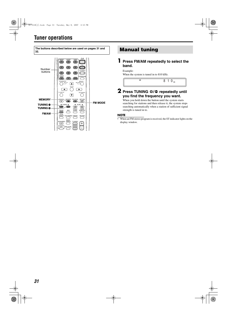 Tuner operations, Manual tuning, Tuner operations 1 | Press fm/am repeatedly to select the band | JVC TH-S11B User Manual | Page 34 / 40