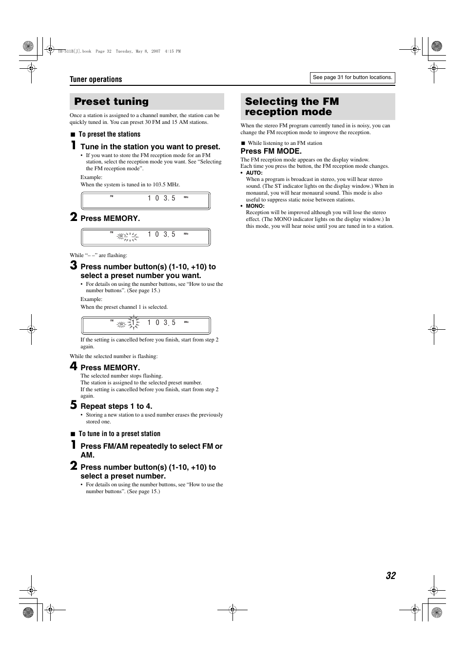 Preset tuning, Selecting the fm reception mode | JVC TH-S11B User Manual | Page 35 / 40
