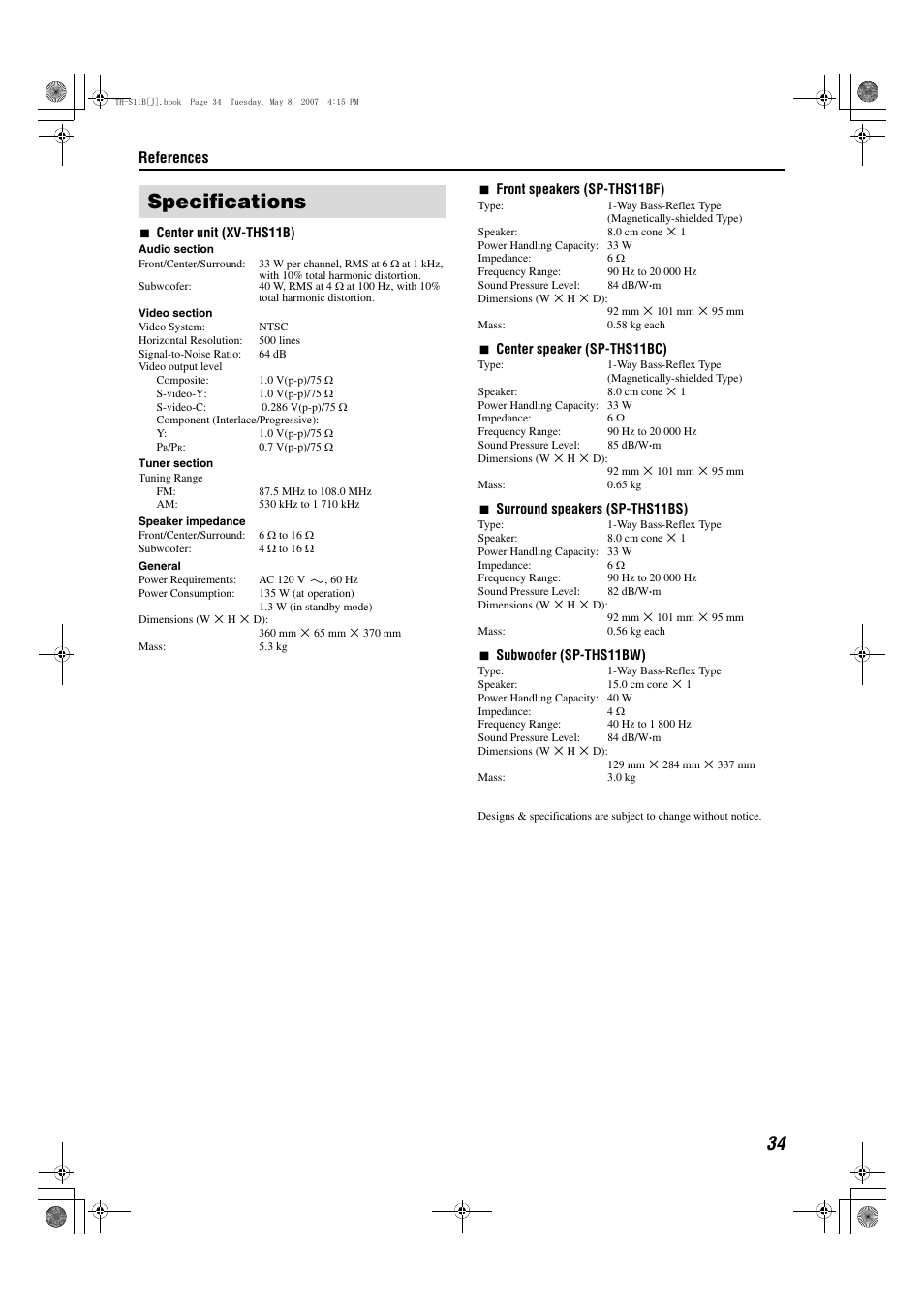 Specifications, References | JVC TH-S11B User Manual | Page 37 / 40