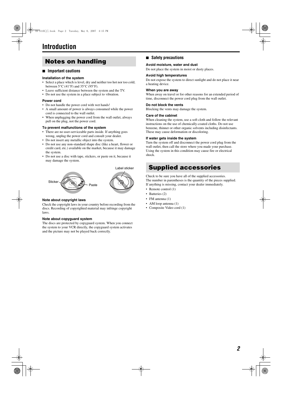 Introduction, Notes on handling, Supplied accessories | JVC TH-S11B User Manual | Page 5 / 40