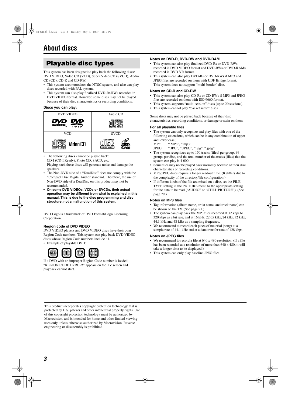 About discs, Playable disc types | JVC TH-S11B User Manual | Page 6 / 40