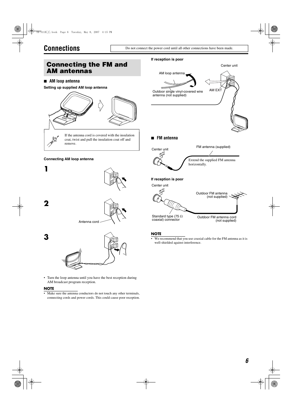 Connections, Connecting the fm and am antennas | JVC TH-S11B User Manual | Page 9 / 40