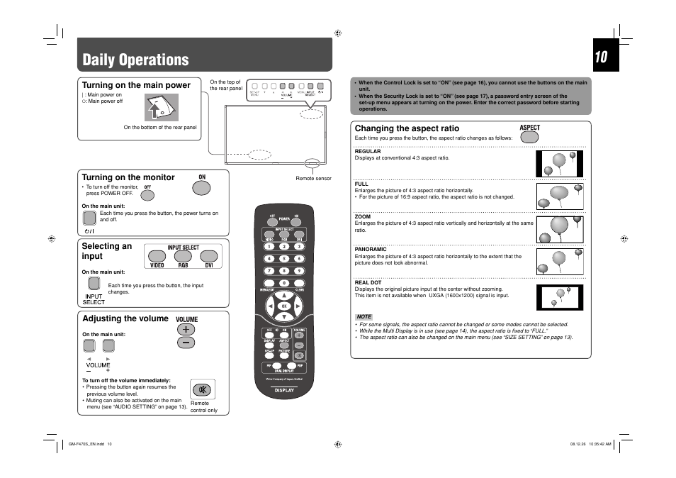 Daily operations, Turning on the main power, Changing the aspect ratio | Adjusting the volume, Turning on the monitor, Selecting an input | JVC LCT2505-001A-H User Manual | Page 10 / 32
