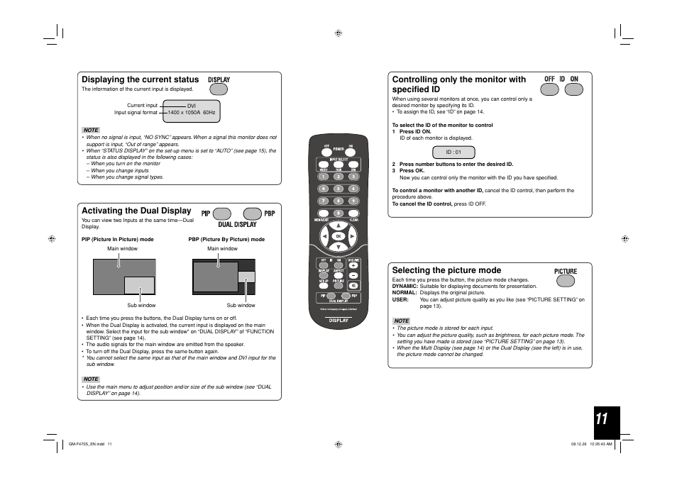 Displaying the current status, Selecting the picture mode, Activating the dual display | Controlling only the monitor with specified id | JVC LCT2505-001A-H User Manual | Page 11 / 32