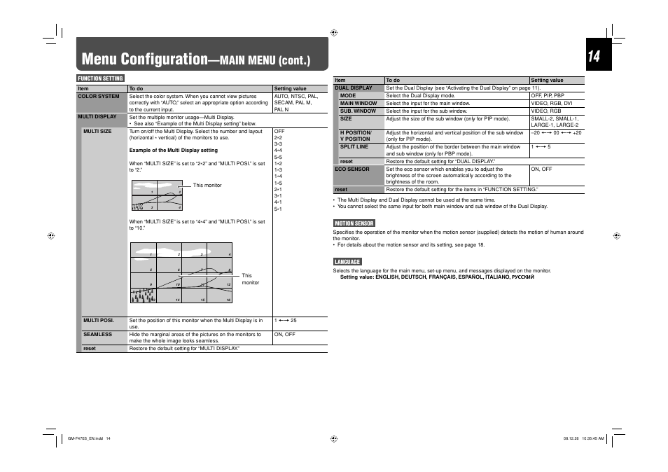 Menu configuration-main menu (cont.), Menu configuration, Main menu (cont.) | JVC LCT2505-001A-H User Manual | Page 14 / 32