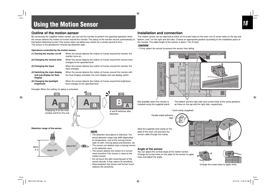 Using the motion sensor, Outline of the motion sensor, Installation and connection | JVC LCT2505-001A-H User Manual | Page 18 / 32