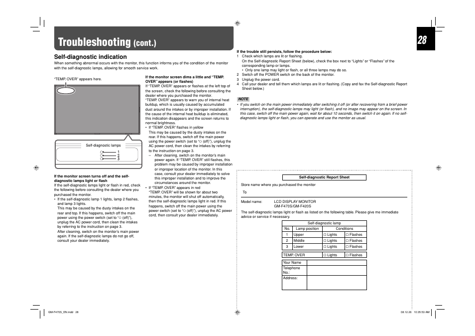 Troubleshooting (cont.), Troubleshooting, Cont.) | Self-diagnostic indication | JVC LCT2505-001A-H User Manual | Page 28 / 32