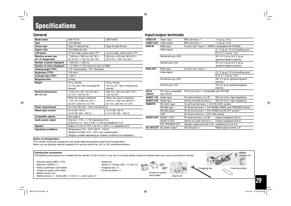 Specifications, General, Input/output terminals | JVC LCT2505-001A-H User Manual | Page 29 / 32