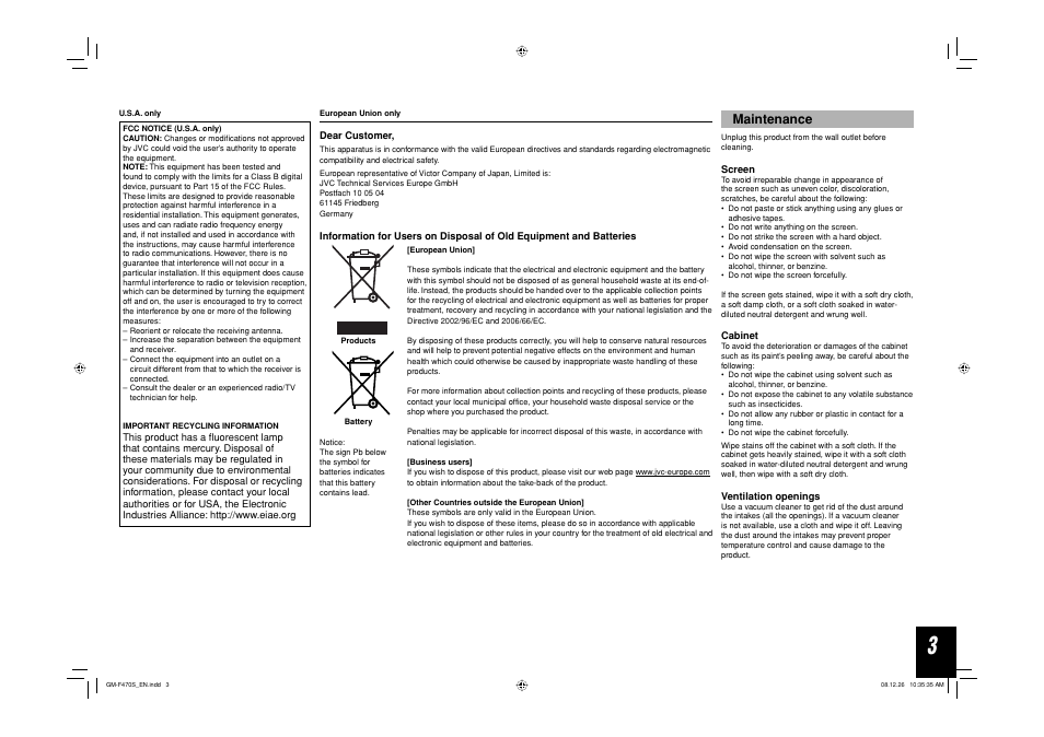 Maintenance | JVC LCT2505-001A-H User Manual | Page 3 / 32